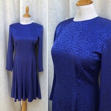 1980's Liz Claiborne Abstract Pattern Blue Silk Dress