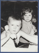 Two Beautiful Children with a Phone, Cute Kids. Vintage Photo