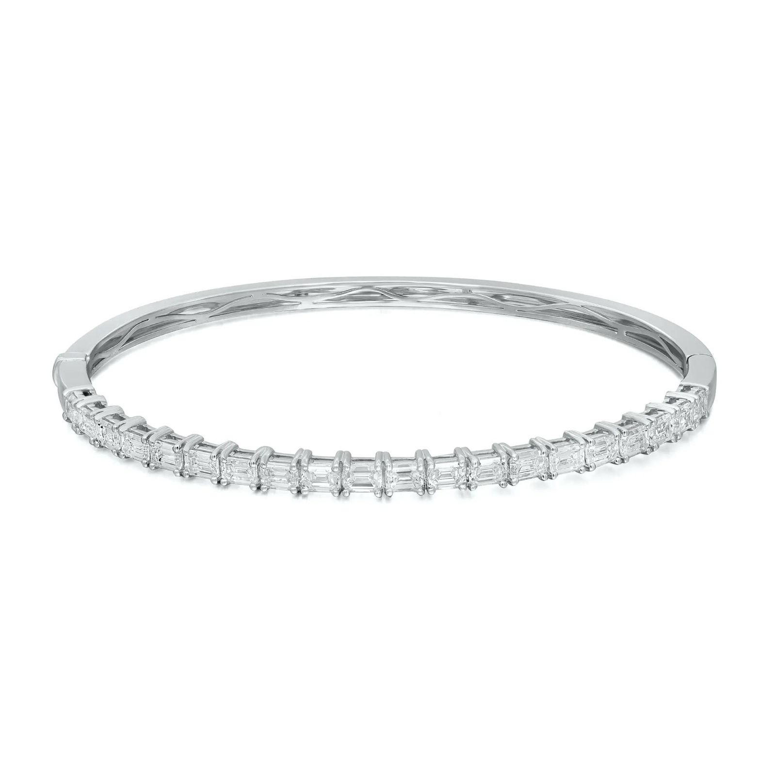 Prong Set Emerald Cut Diamond Bangle Bracelet 18K White Gold 2.92Cttw 6.5 Inches