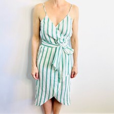 Reformation Sz 8 10 Linen White And Green Stripe Court Wrap Dress US Designer