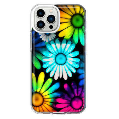 For Apple iPhone 12 Pro Shockproof Hybrid Case, Neon Rainbow Glow Daisies