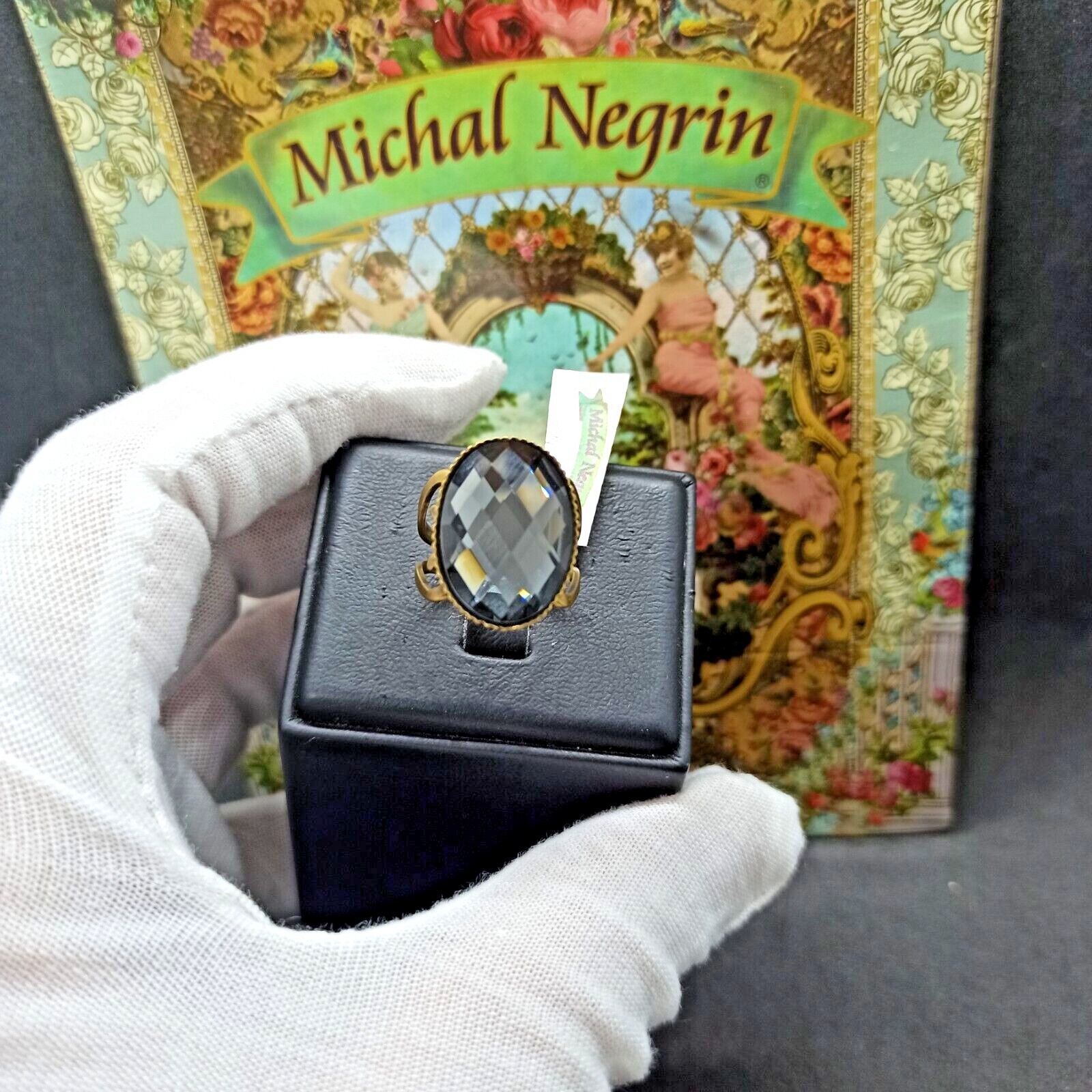 Michal Negrin Ring Oval Cocktail Gray Glass Crystal Cabochon Retro New Gift Box
