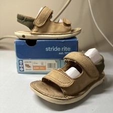 Stride Rite Toddler Shoes 6.5M Sandals Leather Upper Memory Foam Tan/Olive