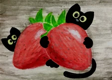 ACEO Mini **Art Print** Black Kitty Cats Kittens & Strawberries by Saulite