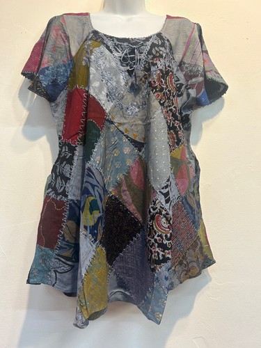 Nwt FUNKY STUFF hippie boho patch embroidered pockets umbrella TOP XL Free shipp - Picture 4 of 7