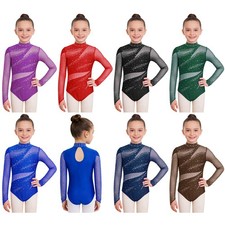 Kids Girls Leotard Long Sleeve Dancewear Tumbling Bodysuit One Piece Dance Mesh