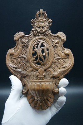   Antique French Hand-Carved Wooden Holy Water Font Benitier Signed Jr.M.P  
