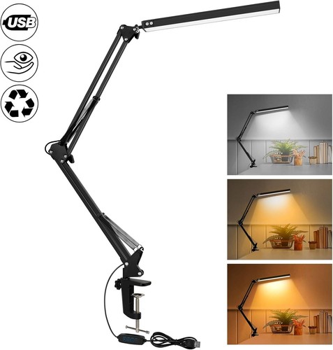LED Desk Lamp with Clip USB Dimmable Study Reading Office Light 3 Modes Black
