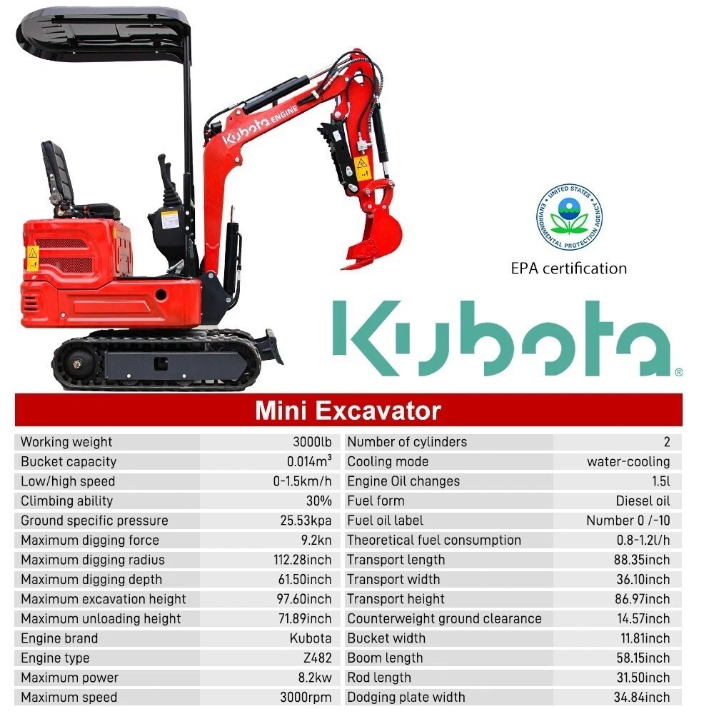 Free Shipping Mini Hydraulic Excavator 1.4 Ton Kubota Diesel Engine For Sale