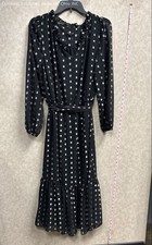 Talbots Black Silver Metallic Dot Ruffle Neck Midi Dress Women's 12