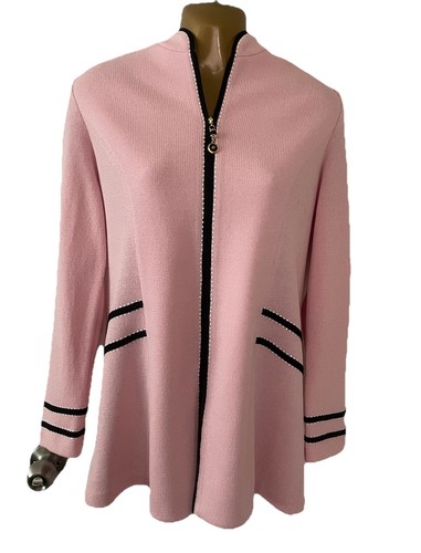 ST.JOHN Women's Knit Light Pink Black Trim Zip Jacket Tunic Sequined Sz 8 Preppy