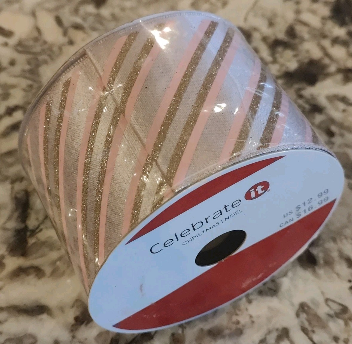 Celebrate It Pink Lavender Gold Glitter Stripe Ribbon Holiday Sugar Plum 2.5"x20