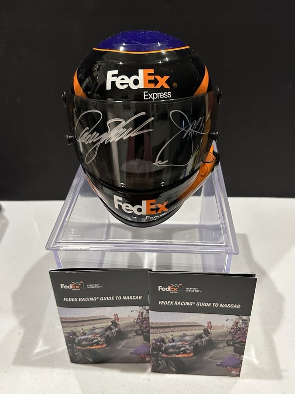 Denny Hamlin/Joe Gibbs Dual Autographed FedEx 1/3 Mini Helmet With Case
