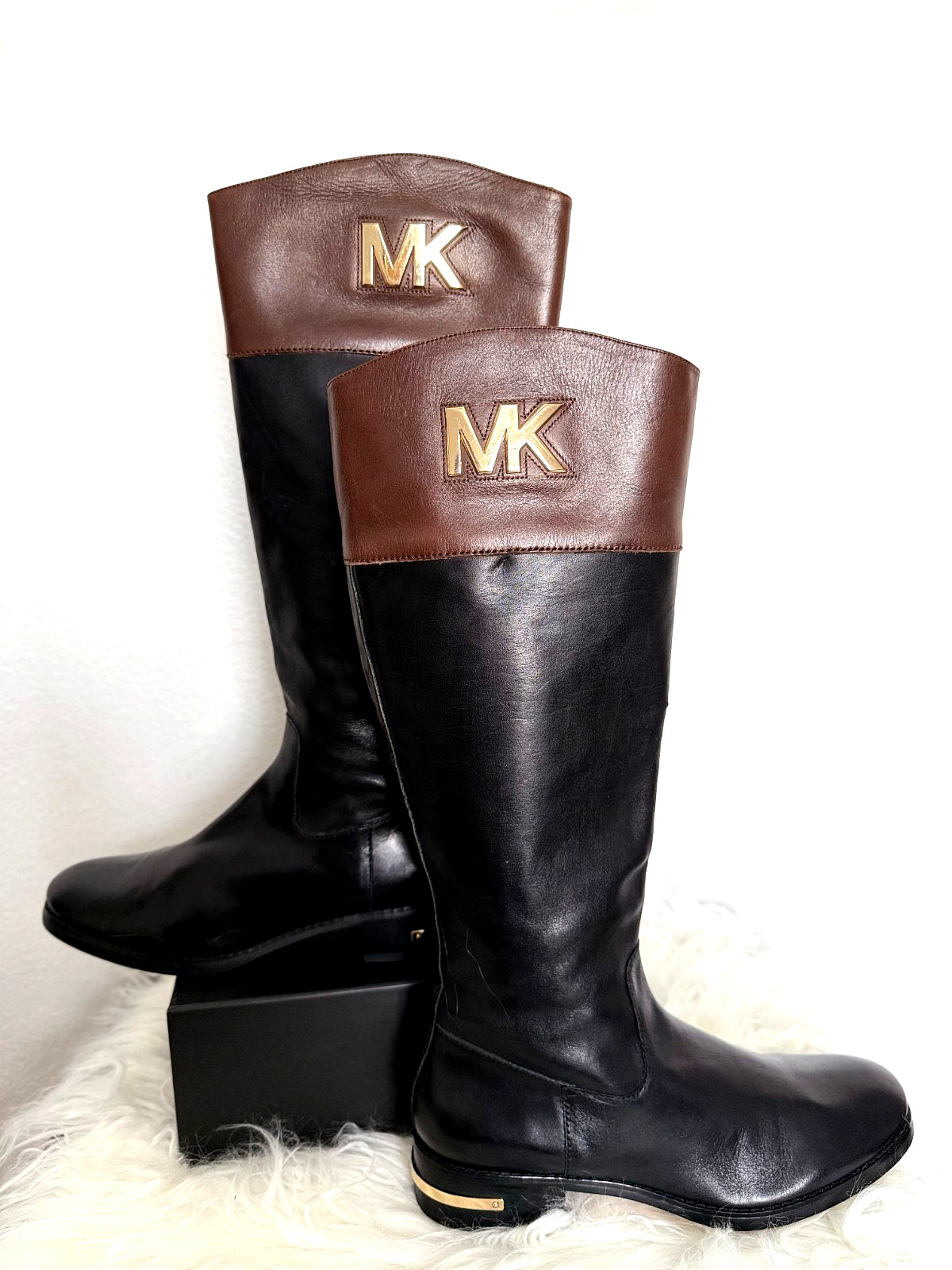women's Michael Kors Hayley two-toned black and brown leather riding boots thumbnail 6