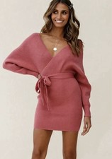 Indikah Women’s Batwing Wrap Mini Sweater Dress Rose Pink NWT Size XS
