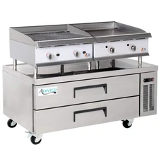24" Gas Griddle and Gas Radiant Charbroiler with 52", 2 Drawer Refrigerated Chef