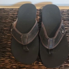 Reef Brown & Black Leather Flip Flops Size 12 Mens Cushion Beach Summer Classic