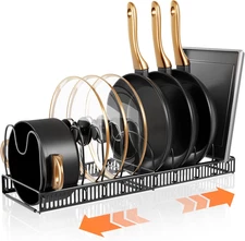Pots and Pans Organizer Rack for under Cabinet Expandable Pot Lid Holders inside