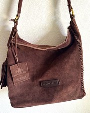 Rowallan Brown Suede Leather Shoulder Bag Tassel Zip Gold Hardware slouchy boho