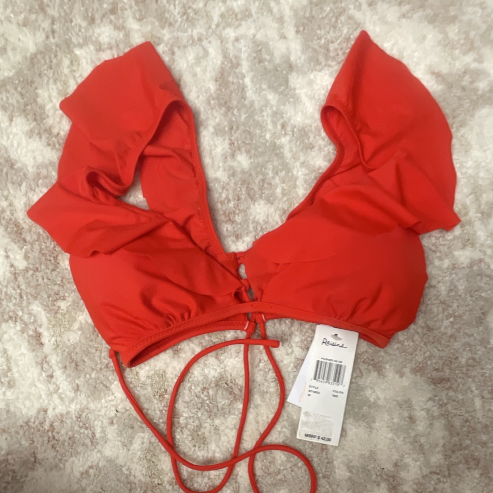 Raisins Red Solid Halter Ruffle Bikini Top Adjustable Strap Size M B710003
