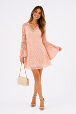 Peach Lace Bell Sleeve Dress Boho V Neck A-Line Zip Side Size S