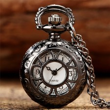Black Flower Cutout Pocket Watch Small Skeleton Case White Arabic Numerals Dial