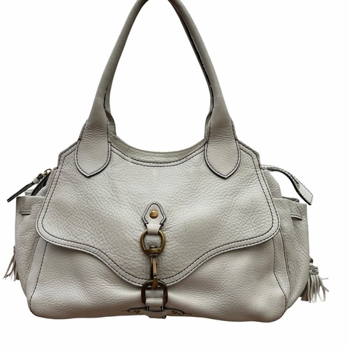 Cole Haan Off White Pebbled Leather Satchel Shoulder Bag Tassel Brass Hardware