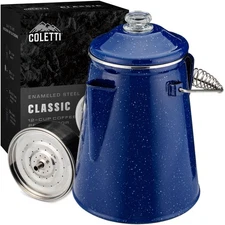 COLETTI Classic Percolator Coffee Pot 12 Cup Blue Enamel Camping Nostalgic Mo...