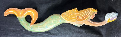 Carved Wood Wooden Art Sculpture Mermaid Wall Plaque Beach House Nautical Decor