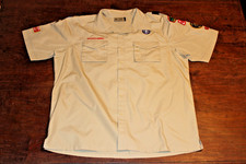 Boy Scouts of America BSA Men's Shirt Tan Large Sewn Patches Short Sleeve