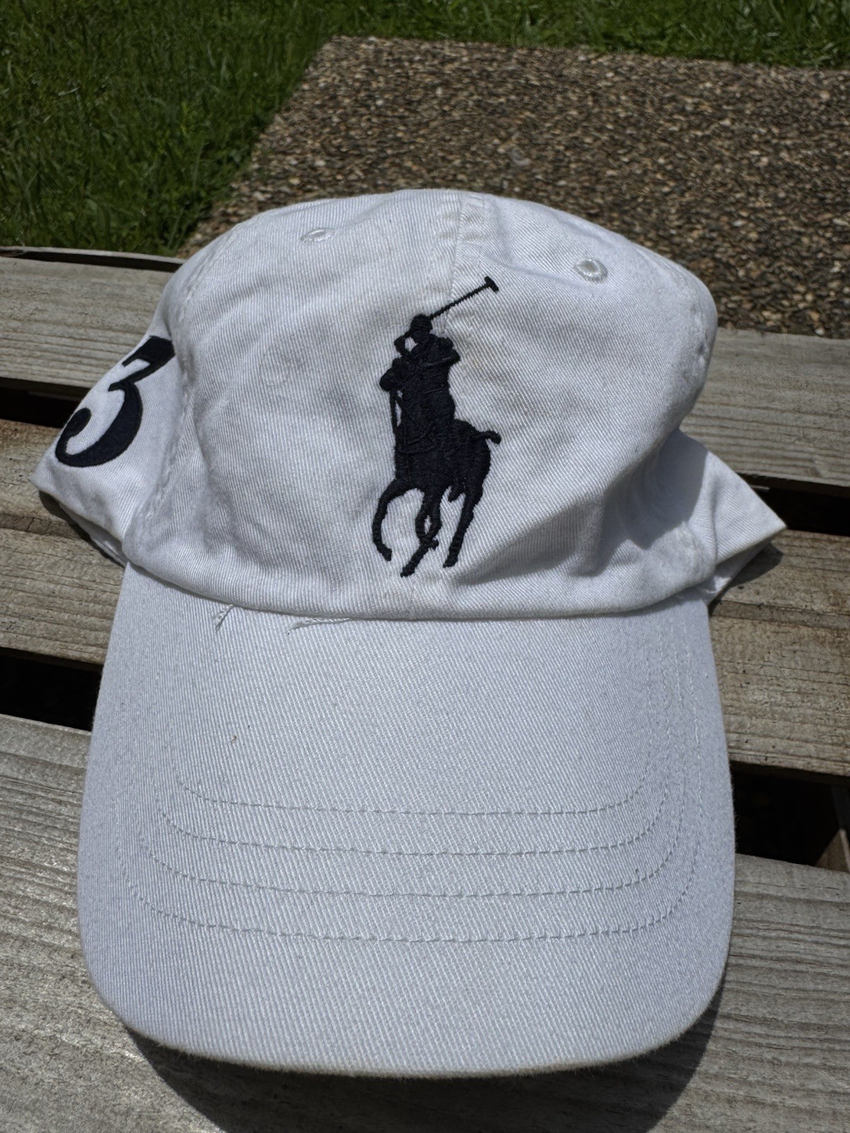 Polo Ralph Lauren Cappello Bianco Berretto Grande Blu Navy Pony #3 Regolabile