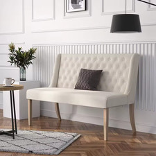 Beige Upholstered Tufted Back Dining Chair Bench Sofa With Rubber Wood Leg Stool
