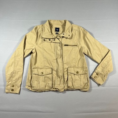 Gap Utility Jacket Womens Medium Khaki Cotton Flap Pocket Full Zip Snap Button