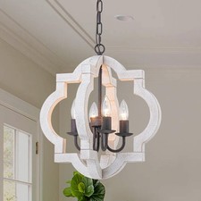 16" Oak Farmhouse Chandeliers for Dining Room Light Fixture Orb Distressed Wh...