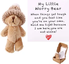 Mini Plush Worry Bear with a Hat, Handmade Positive Small Plush Bear in a Box wi