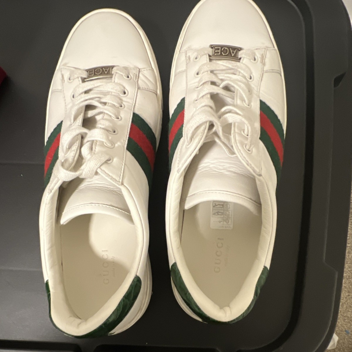 Gucci Ace womans White Green Red Leather Striped Logo Sneakers