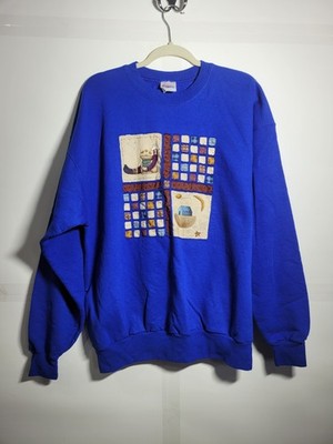 Women s Vintage 90s Hanes Noah s Ark Animal Big Logo Crew Sweatshirt Sz XL Blue