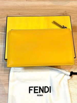FENDI WOMENS logo bag pouch Clutch bag Leather yellow NEW from