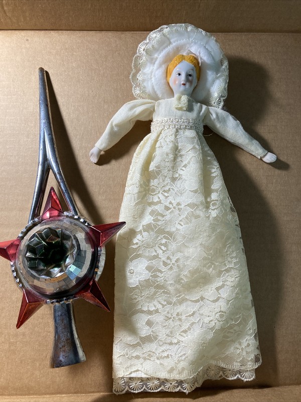 Silvestri Porcelain Head Blond Doll Ornament AND Old Fashioned Tree Topper 