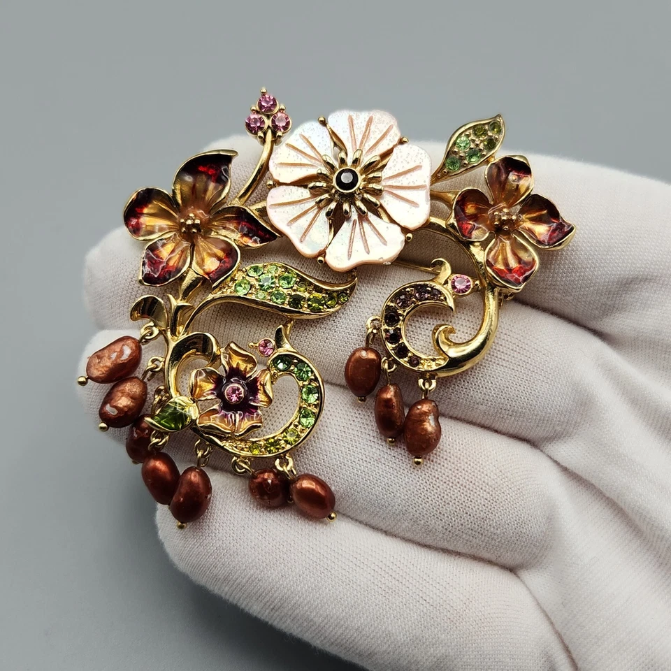 Broche en aerosol de flores mop tono dorado pedrería rosa grande marrón perlas de imitación LEER Foto 2 de 4