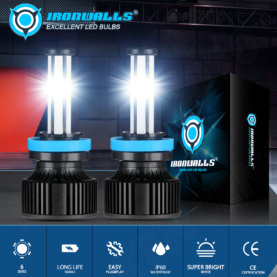 6-sides H11 H9 H8 LED Headlight Bulbs Low Beam Fog Light 450000LM 6500K White 2x