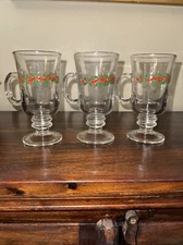Vintage Libby Christmas Holly Berries Footed Irish Coffee Mug Gold Rim Set Of 3