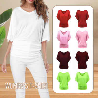 Womens  Solid V-Neck Batwing Casual Sleeve Fold Hem Loose Plus Size Tops T-shirt
