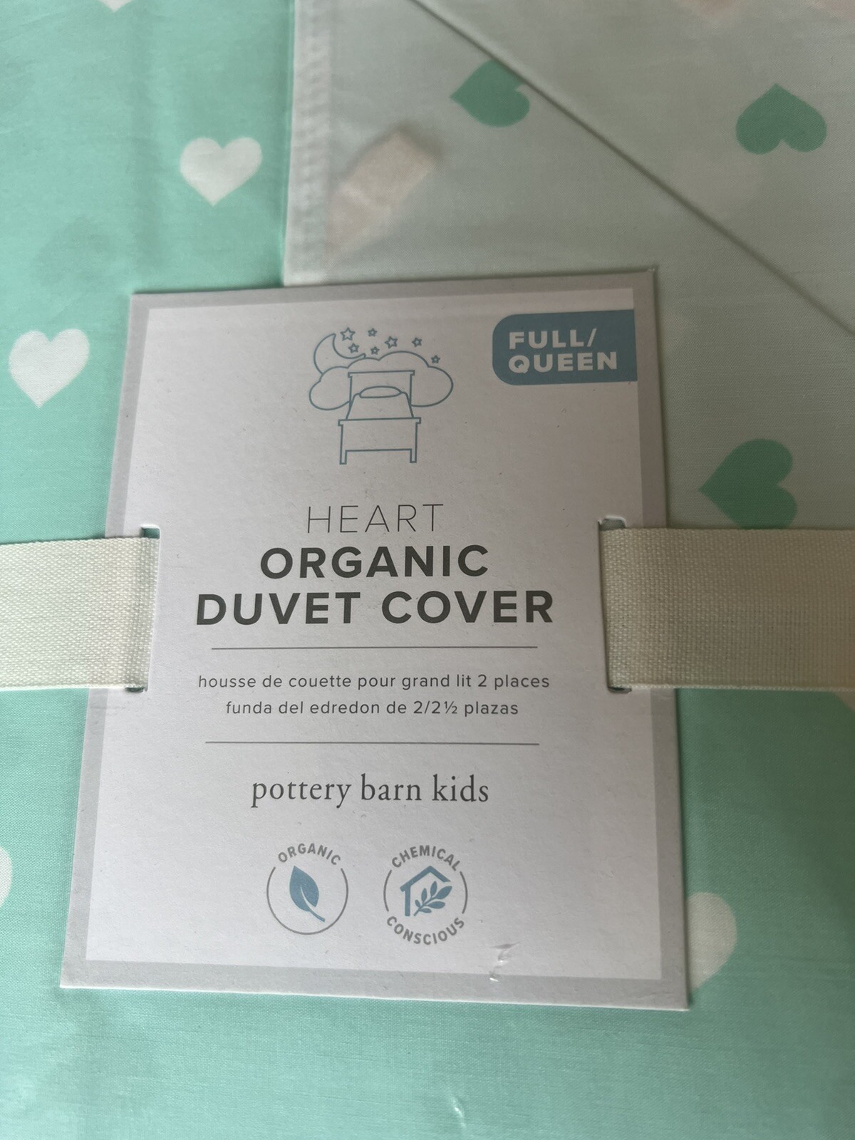 NEW Pottery Barn Kids 100% Organic Cotton Heart Full/Queen Duvet Aqua / White