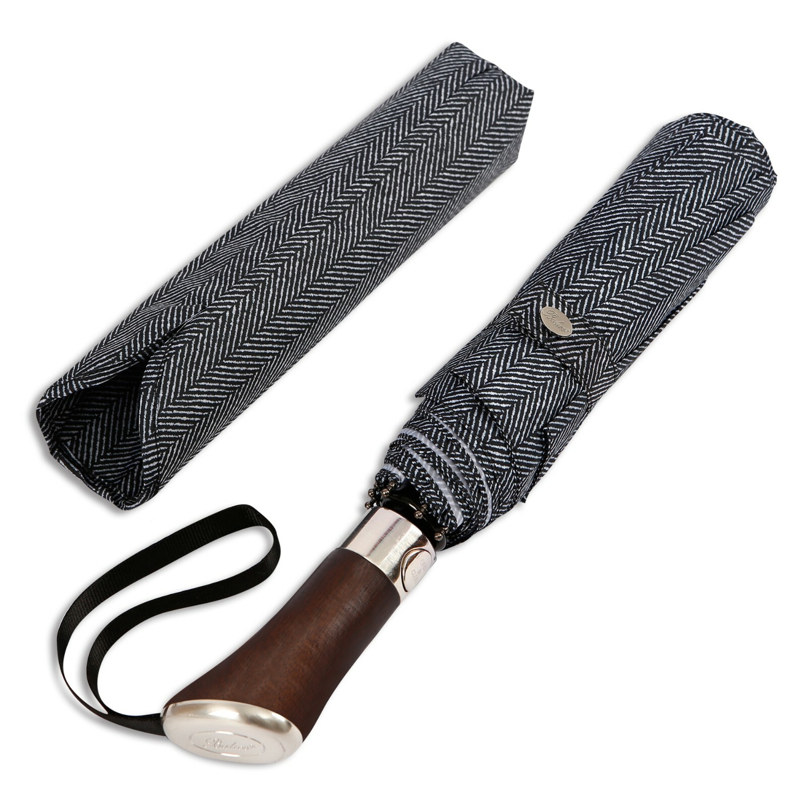 Hardwood Handle Herringbone Balios Travel Umbrella Single Canopy Auto Open Close