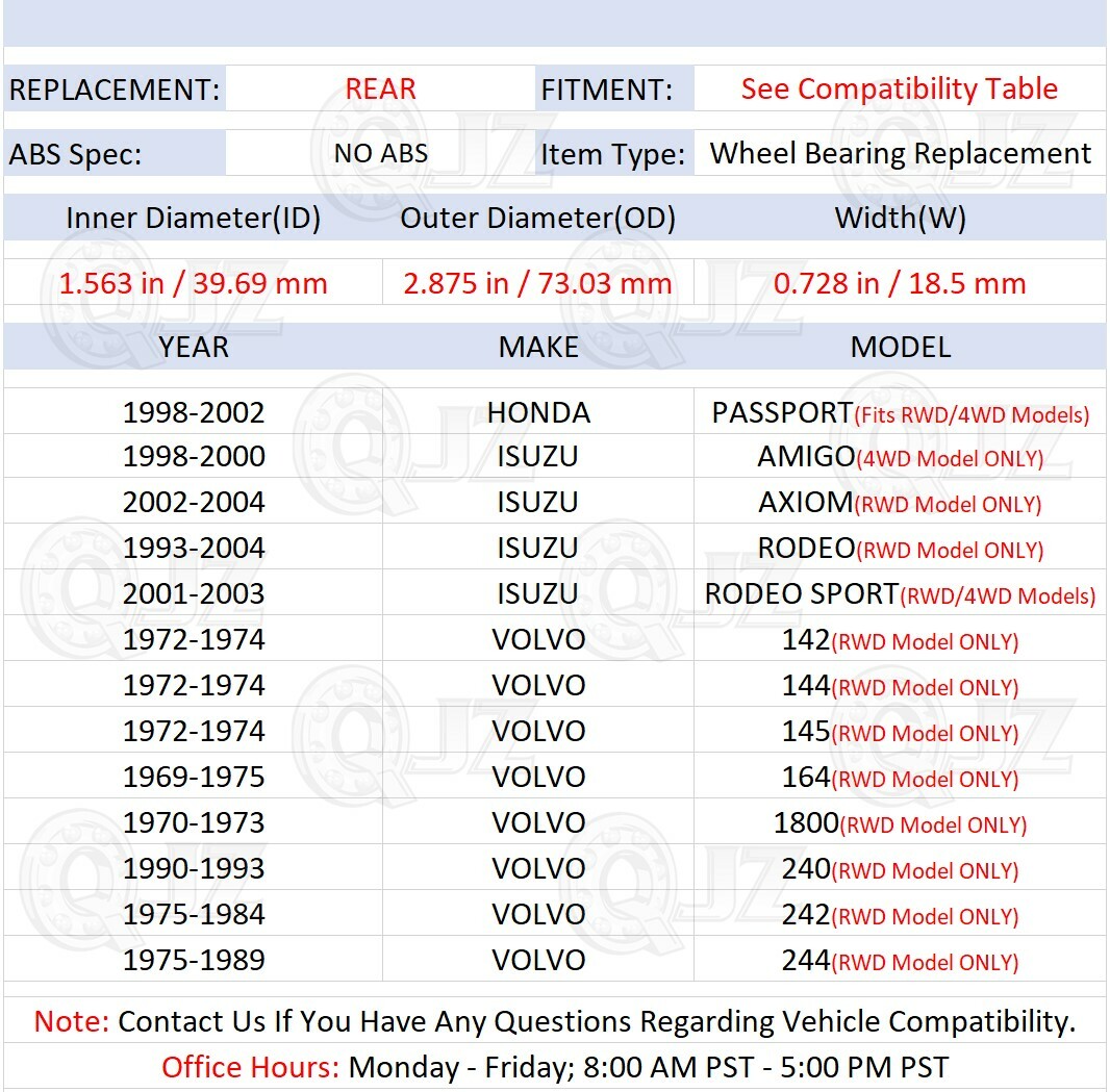 [REAR(Qty.2)] Wheel Hub Bearing Unit For 1998-2002 Honda Passport RWD/4WD-Model