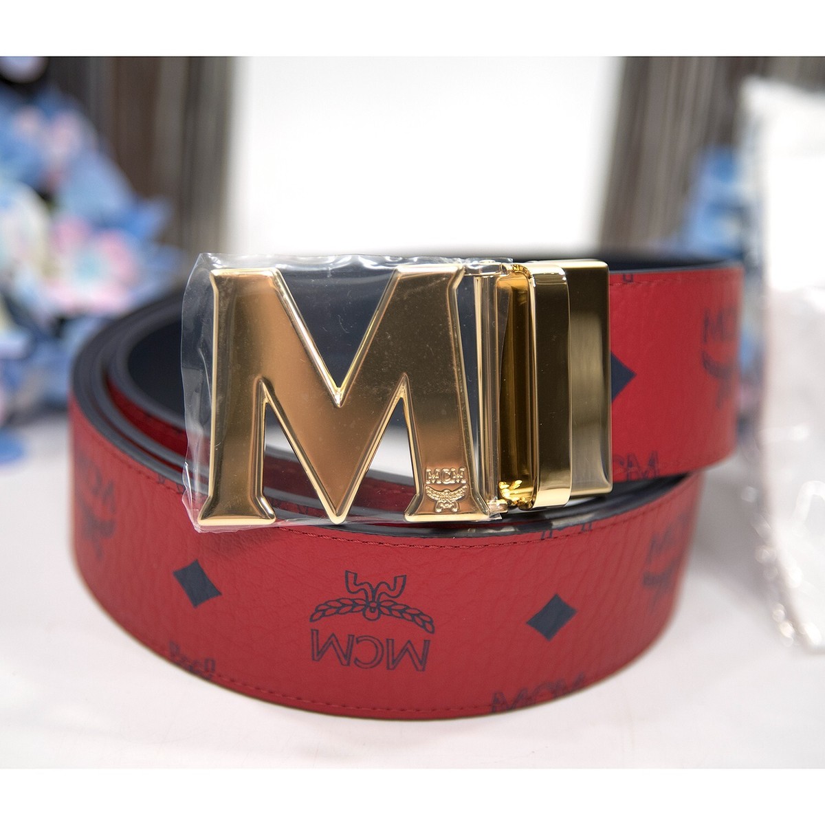 MCM Candy Red Navy Visetos Leather Claus Gold Plated Buckle
