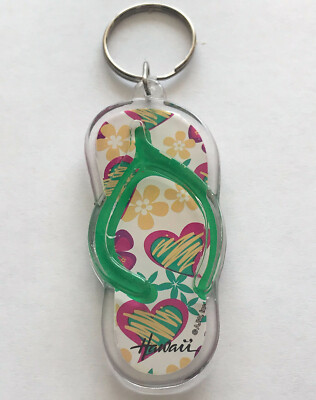 Hawaii Slippers Keychain Hearts Flowers 3D Flip Flops Plastic Key Ring Chain NEW