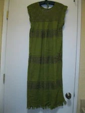 HAND LOOMED  LONG COTTON MEXICAN DRESS, SZ.S., W/ FRINGES,  MEDIUM GREEN COLOR
