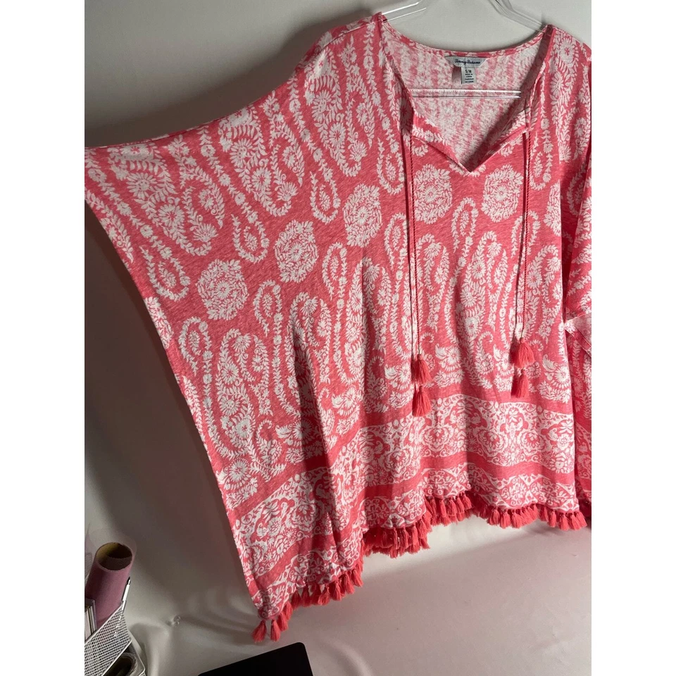 Poncho Tommy Bahama Paisley Palace Linnea 100% Lino Borla Talla S/M Calce Suelto Foto 3 de 4